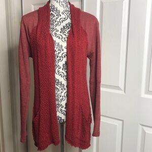 Lucky Lotus Red Pockets Long Front Open Cardigan M Hole